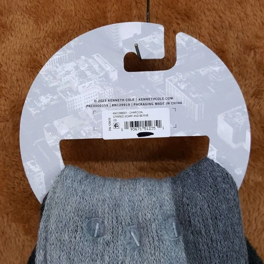 KENNETH COLE REACTION Mens Beanie Hat Scarf Grey Stripe Knit Logo Fringe Set